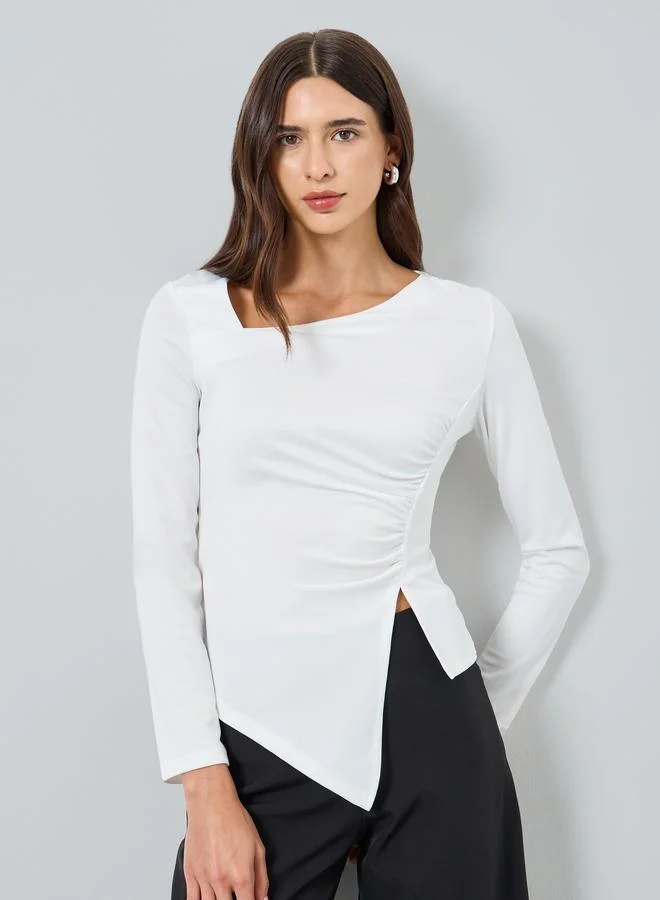 Take Two Solid Irregular Neck Slit Hem Long Sleeve Top