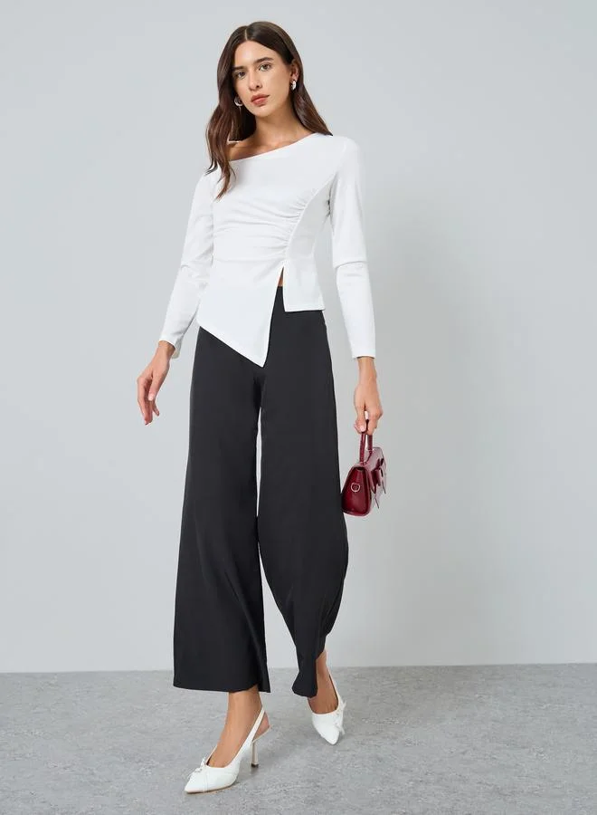 Take Two Solid Irregular Neck Slit Hem Long Sleeve Top