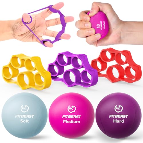 FitBeast Grip Strength Trainer – 6 Pieces Hand Therapy Kit with Finger Extension Exerciser & Stress Balls for Adults, Rehab & Strength Training – for Men, Women, and Seniors (6-Piece Bright Tones) - Image 1
