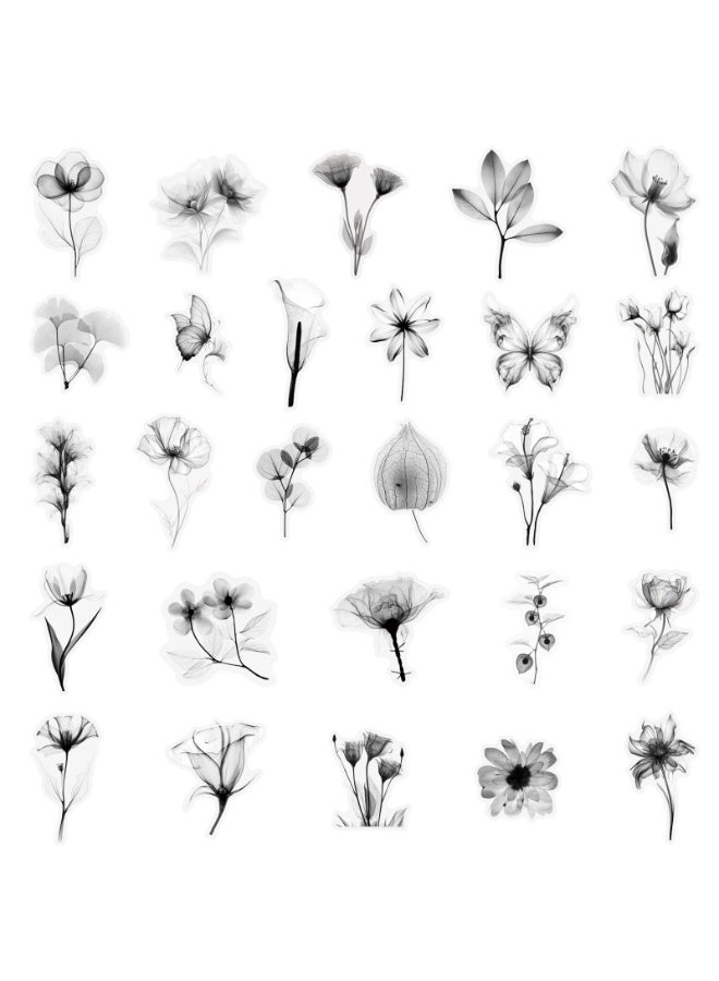50Pcs Transparent Black and White Waterproof Plant Stickers for Scrapbooking Water Bottles Laptop Journaling Cute Vintage Ink Color Floral Sticker for Kids Planners Cards Gifts - Image 2