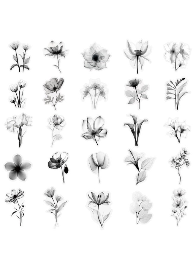 50Pcs Transparent Black and White Waterproof Plant Stickers for Scrapbooking Water Bottles Laptop Journaling Cute Vintage Ink Color Floral Sticker for Kids Planners Cards Gifts - Image 3