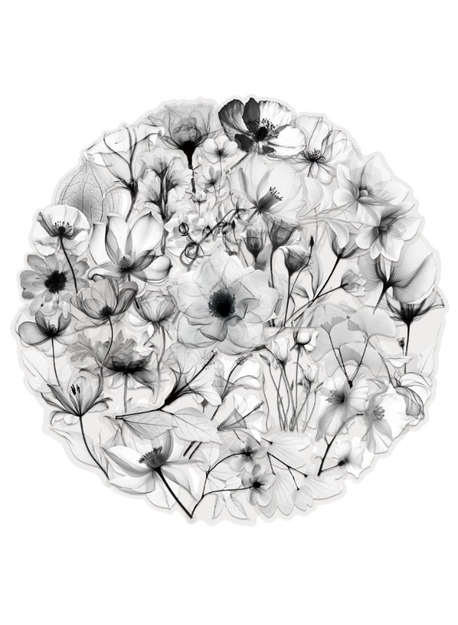 50Pcs Transparent Black and White Waterproof Plant Stickers for Scrapbooking Water Bottles Laptop Journaling Cute Vintage Ink Color Floral Sticker for Kids Planners Cards Gifts - Image 1