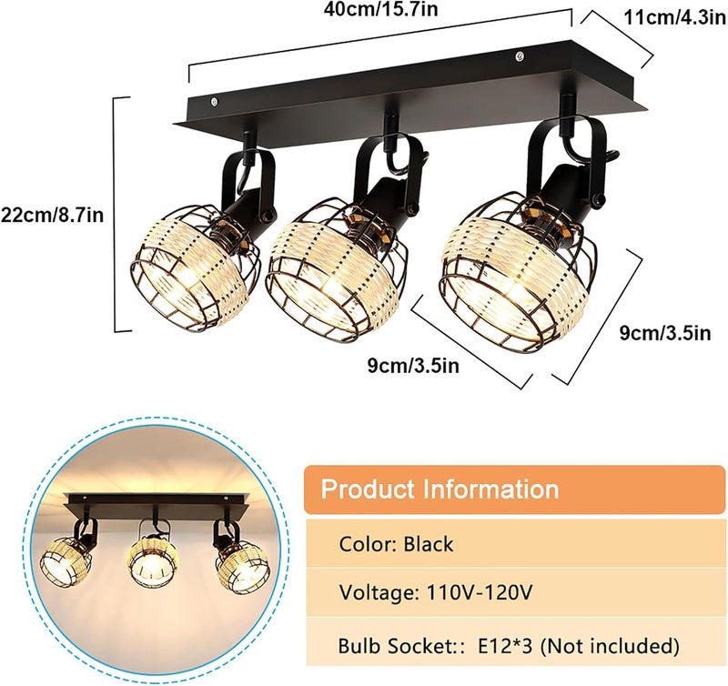Depuley Ceiling Track Light Fixture: 3-Light Rattan Led Track Lighting Kit - Flush Mount Wall or Ceiling Spotlights Flexibly Adjustable Decorative Accent Lamp for Kitchen Living Room Bedroom Hallway - Image 3
