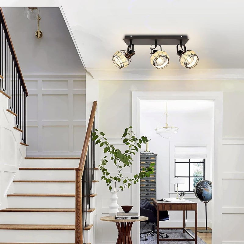 Depuley Ceiling Track Light Fixture: 3-Light Rattan Led Track Lighting Kit - Flush Mount Wall or Ceiling Spotlights Flexibly Adjustable Decorative Accent Lamp for Kitchen Living Room Bedroom Hallway - Image 5
