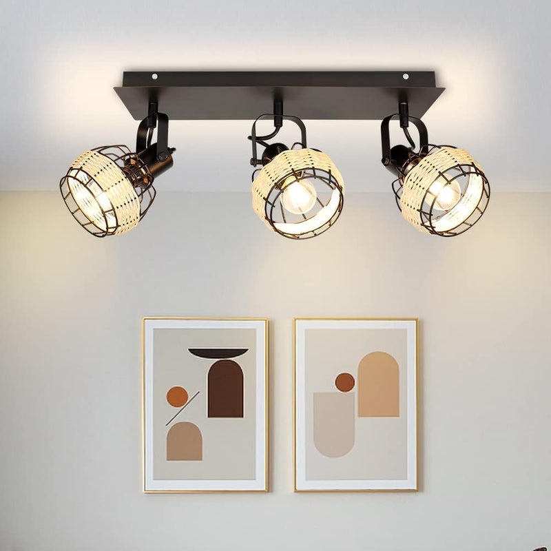 Depuley Ceiling Track Light Fixture: 3-Light Rattan Led Track Lighting Kit - Flush Mount Wall or Ceiling Spotlights Flexibly Adjustable Decorative Accent Lamp for Kitchen Living Room Bedroom Hallway - Image 1