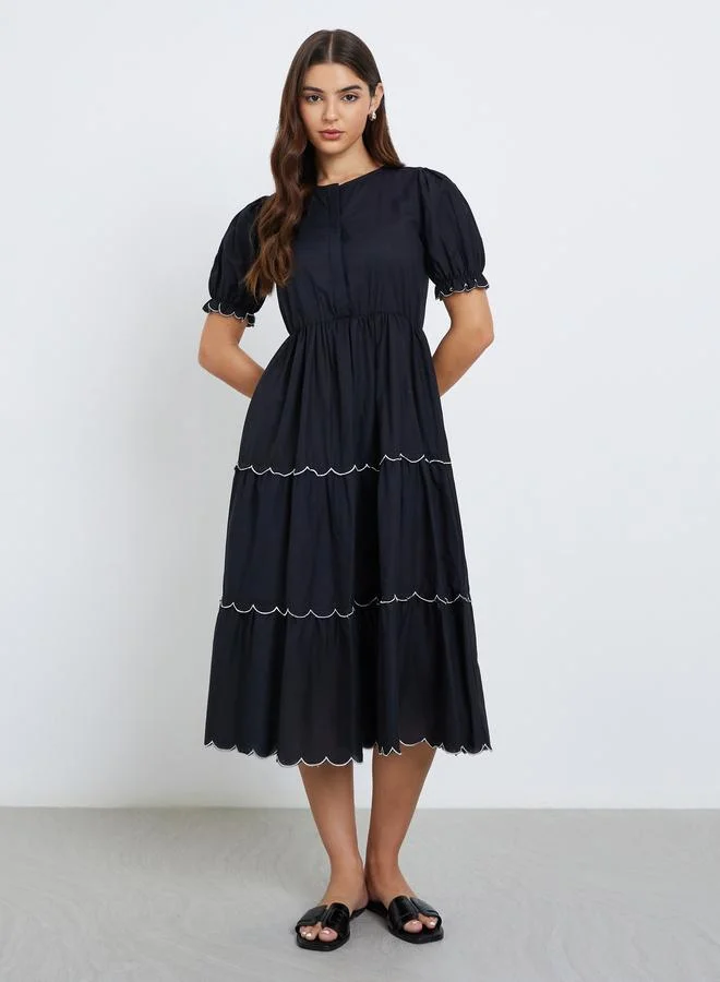 Styli Styli Black Embroidered Tiered Midi Dress