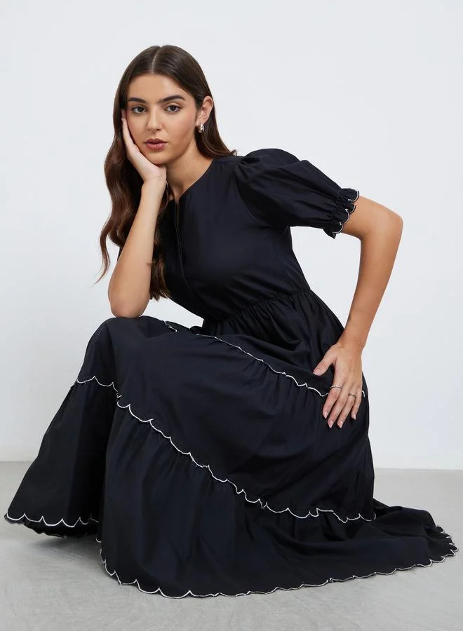 Styli Styli Black Embroidered Tiered Midi Dress