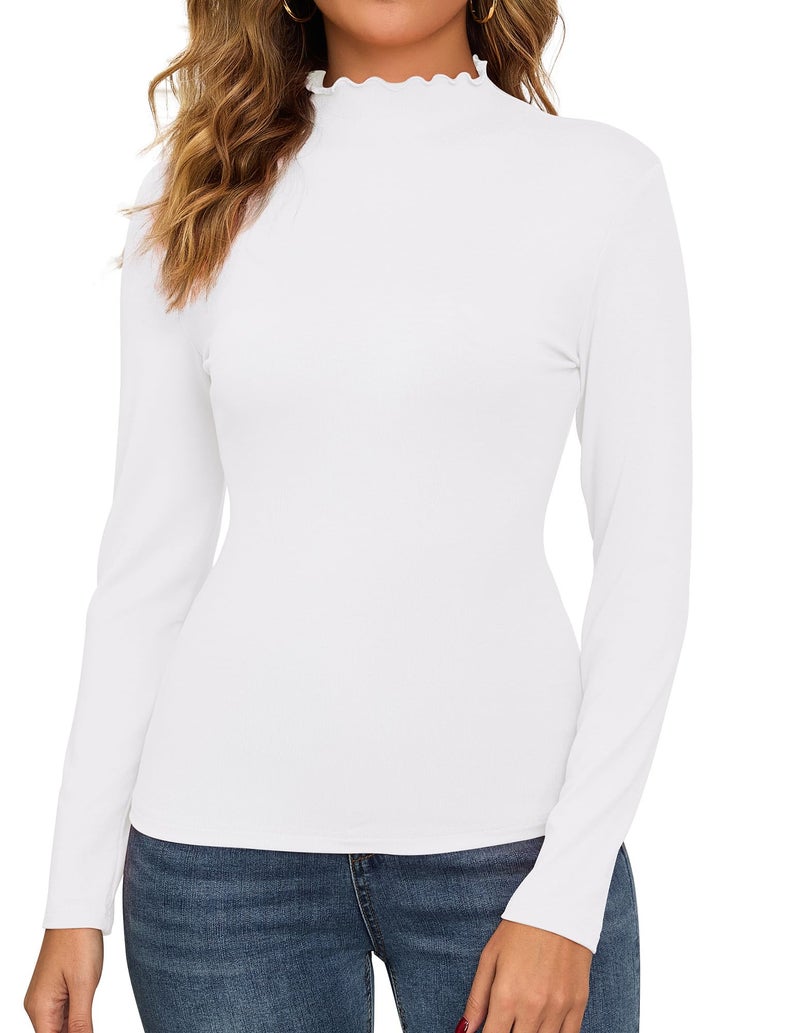 ACIEMR Womens Lettuce Trim Mock Neck Top Basic Long Sleeve Layer Tops Turtleneck Thermal Underwear Tops for Fall Winter 2025 White Large - Image 1