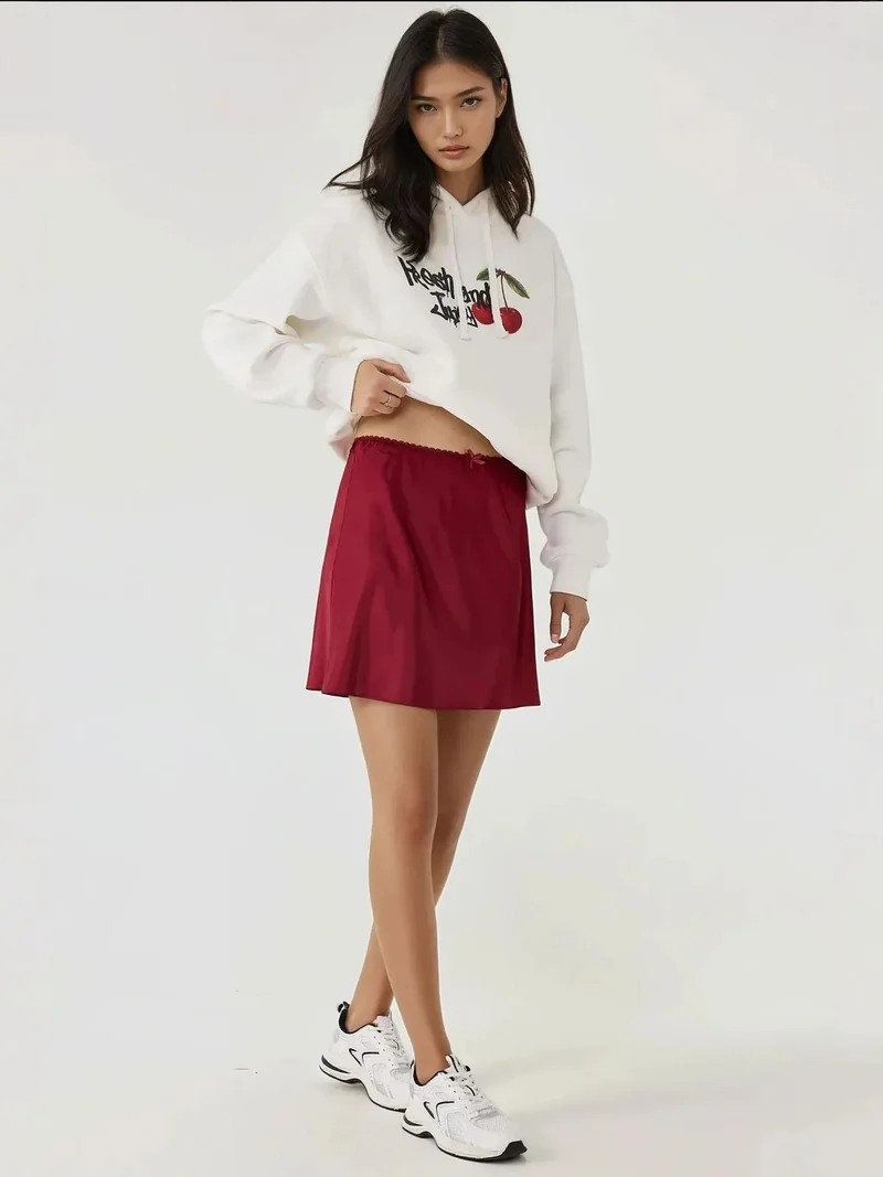 Hiccup Burgundy Red Soft Satin A-Form Mini Skirt for Women | Best Price UAE