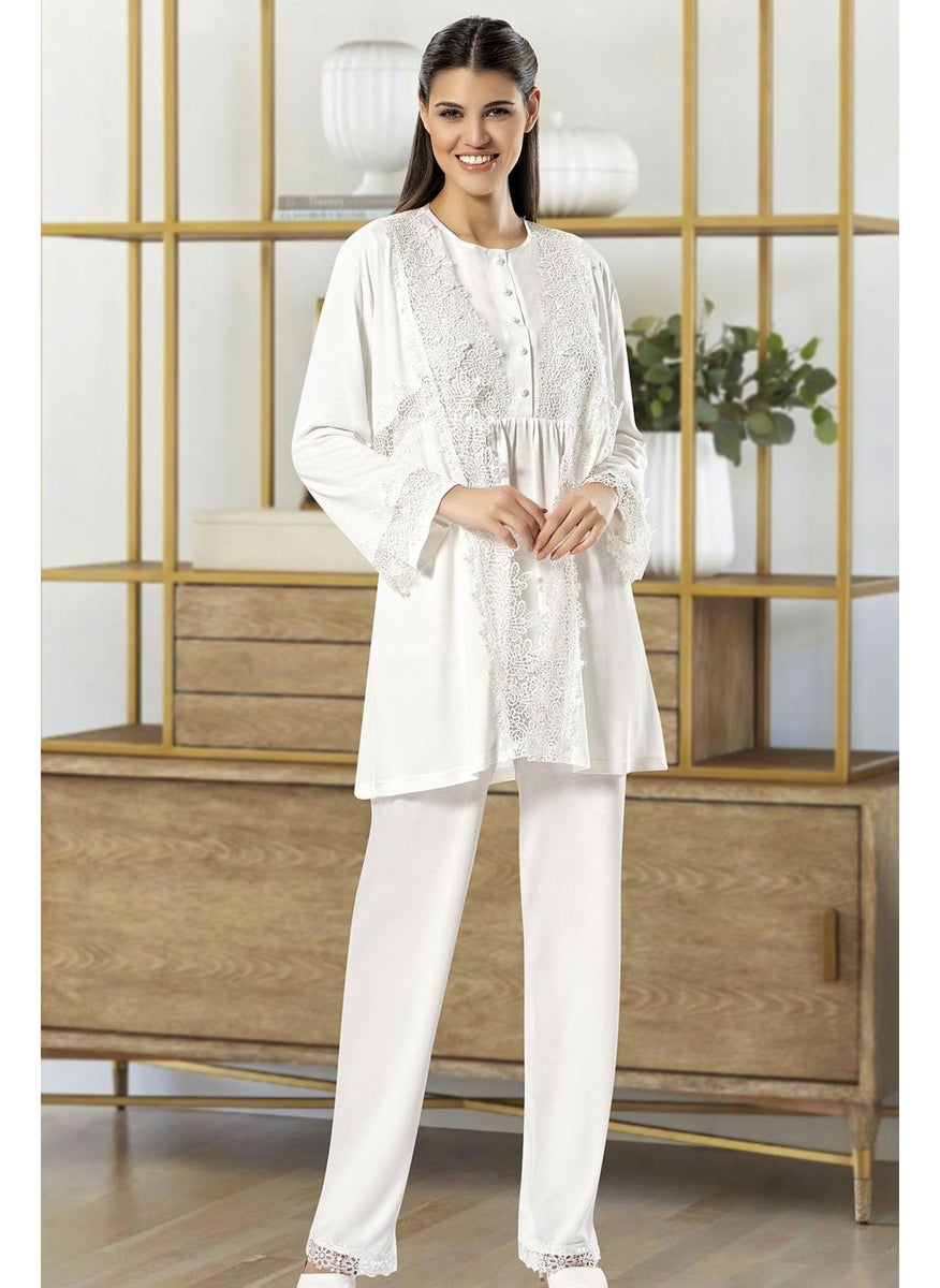 X Ses - Xses 4100 Women's Maternity and Postpartum Dressing Gown Pajama Set-Ecru - Image 1