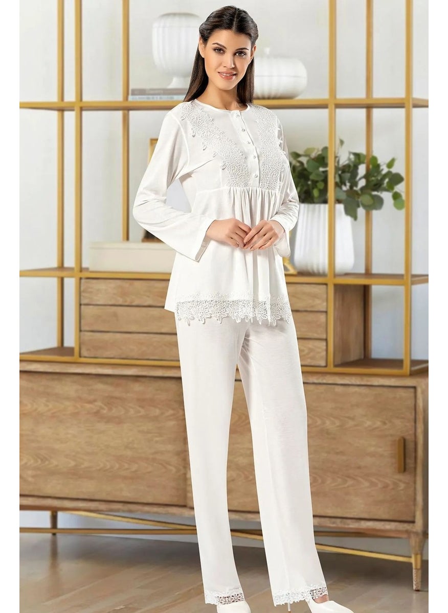 X Ses - Xses 4100 Women's Maternity and Postpartum Dressing Gown Pajama Set-Ecru - Image 1
