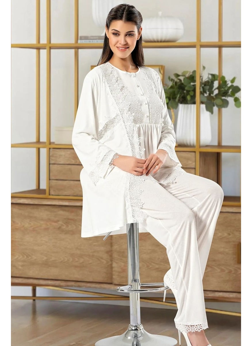 X Ses - Xses 4100 Women's Maternity and Postpartum Dressing Gown Pajama Set-Ecru - Image 1