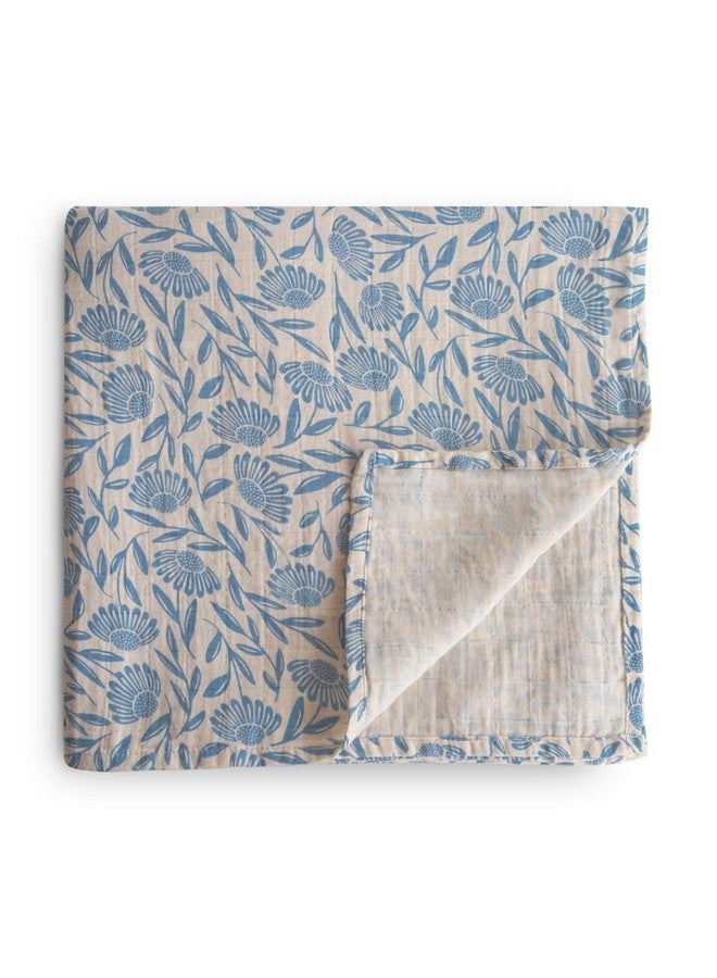mushie Muslin Baby Swaddle Blanket | 100% Organic Cotton (Blue Flowers) - Image 1