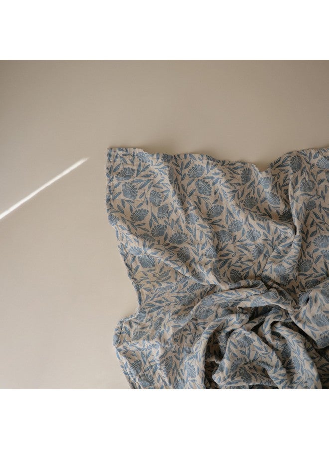 mushie Muslin Baby Swaddle Blanket | 100% Organic Cotton (Blue Flowers) - Image 2
