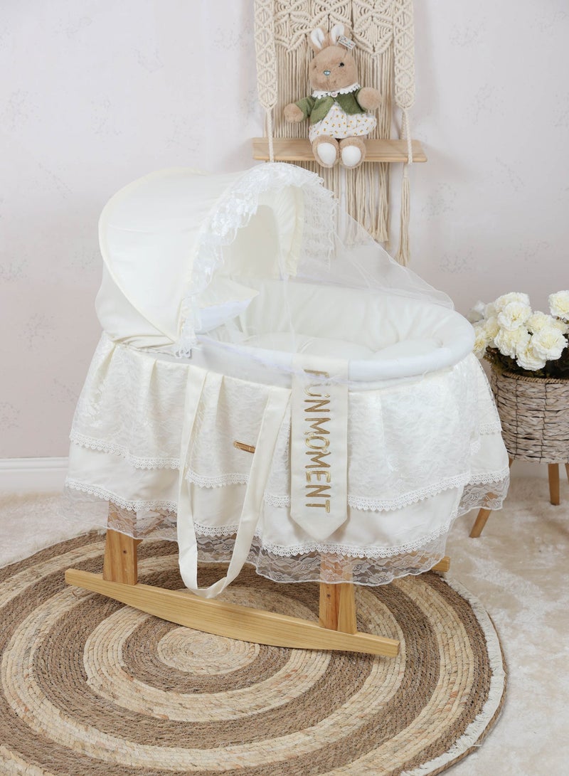FUN MOMENT Baby crib Musa iron basket sugar color decorated with luxurious lace for newborns with wooden rocking stand - Image 1