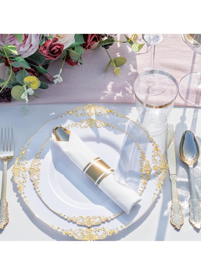 كينجمازي مجموعة أواني عشاء ذهبية 175 قطعة لـ25 ضيفًا، أطباق ذهبية يمكن التخلص منها لحفلات الزفاف - Image 2