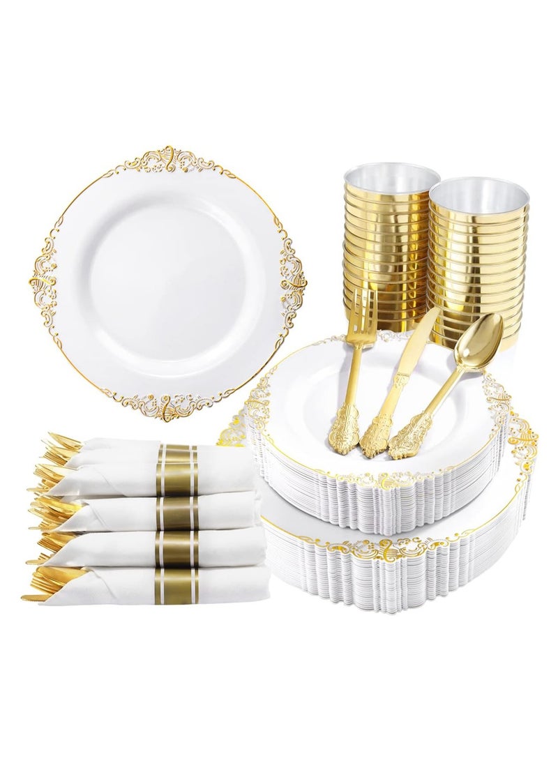 كينجمازي مجموعة أواني عشاء ذهبية 175 قطعة لـ25 ضيفًا، أطباق ذهبية يمكن التخلص منها لحفلات الزفاف - Image 1