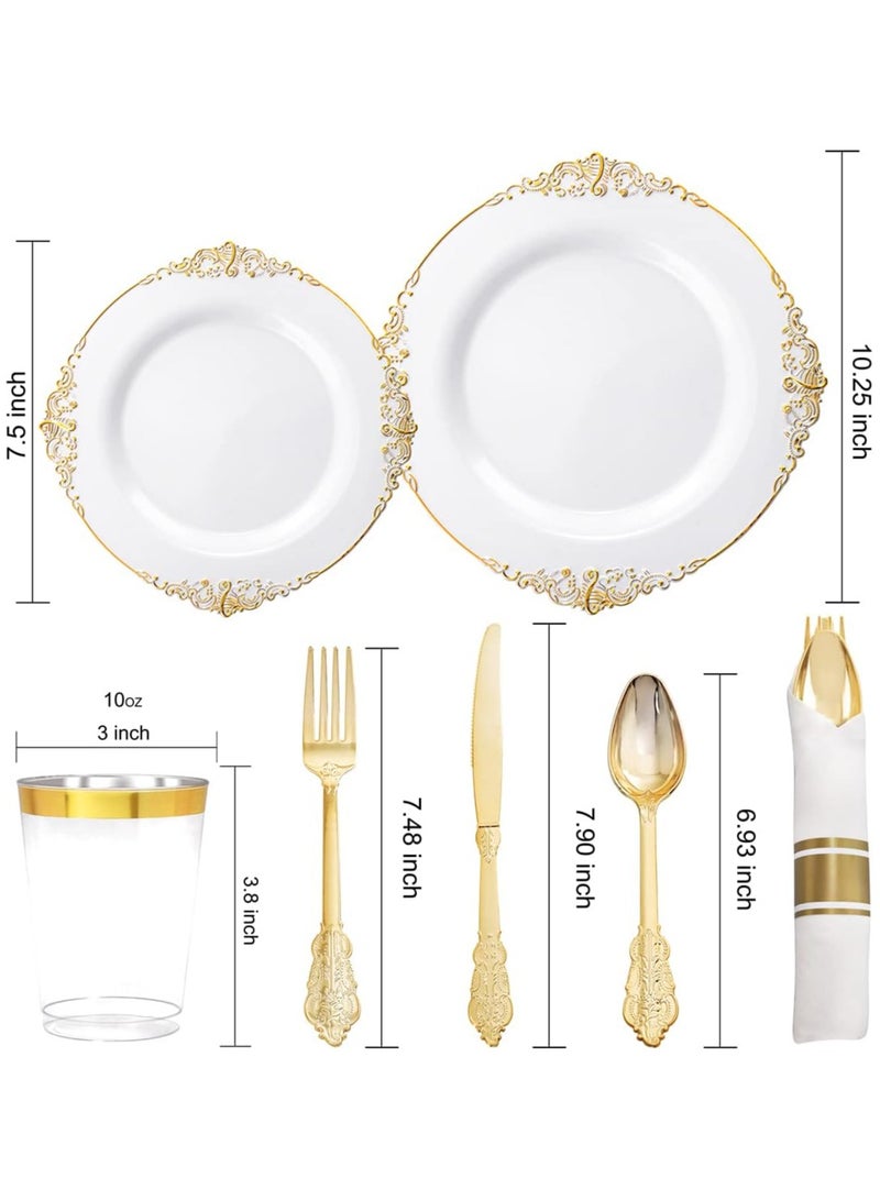 كينجمازي مجموعة أواني عشاء ذهبية 175 قطعة لـ25 ضيفًا، أطباق ذهبية يمكن التخلص منها لحفلات الزفاف - Image 3