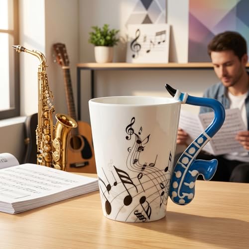 LanHong - 13.5 oz Sax Mug Musical Notes Design Coffee Cup Ceramic Music Saxophone Cup Gift for Friend - Image 3