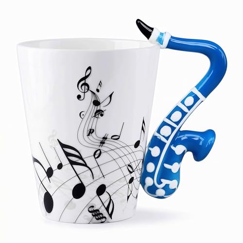 LanHong - 13.5 oz Sax Mug Musical Notes Design Coffee Cup Ceramic Music Saxophone Cup Gift for Friend - Image 1