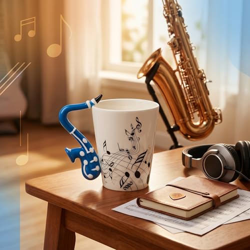 LanHong - 13.5 oz Sax Mug Musical Notes Design Coffee Cup Ceramic Music Saxophone Cup Gift for Friend - Image 5