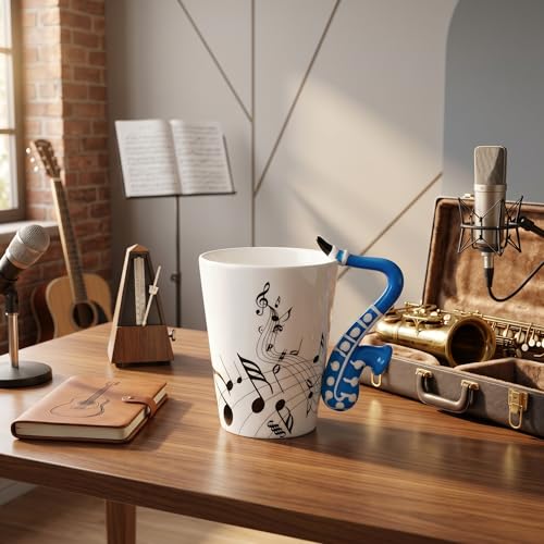 LanHong - 13.5 oz Sax Mug Musical Notes Design Coffee Cup Ceramic Music Saxophone Cup Gift for Friend - Image 4