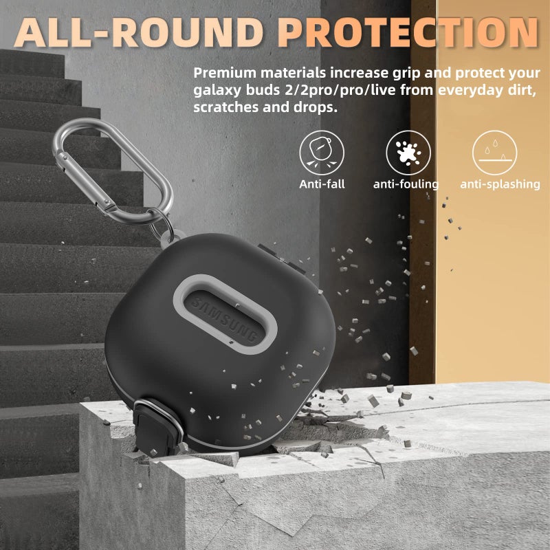 WOFRO Secure Lock Case for Samsung Galaxy Buds 2 Pro/ Buds 2/ Buds Pro/ Buds Live, WOFRO Shock-Absorbing Protective Cover TPU Hard Shell with Lanyard and Keychain[One-Click pop] (Black) - Image 4