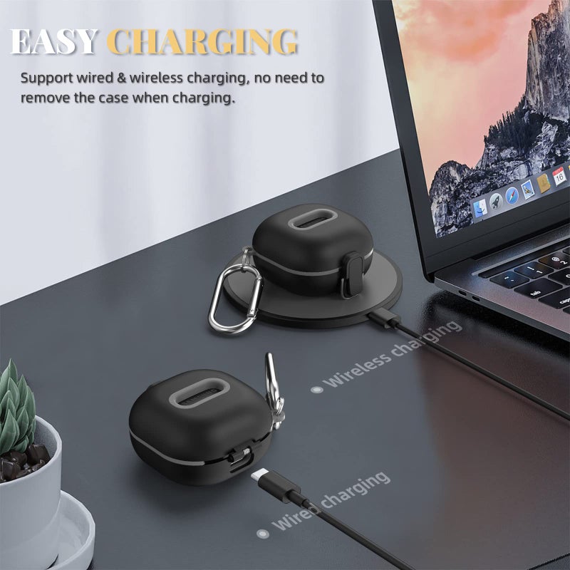 WOFRO Secure Lock Case for Samsung Galaxy Buds 2 Pro/ Buds 2/ Buds Pro/ Buds Live, WOFRO Shock-Absorbing Protective Cover TPU Hard Shell with Lanyard and Keychain[One-Click pop] (Black) - Image 5