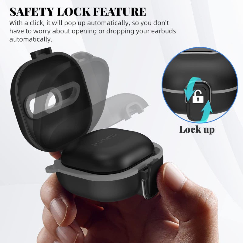 WOFRO Secure Lock Case for Samsung Galaxy Buds 2 Pro/ Buds 2/ Buds Pro/ Buds Live, WOFRO Shock-Absorbing Protective Cover TPU Hard Shell with Lanyard and Keychain[One-Click pop] (Black) - Image 3