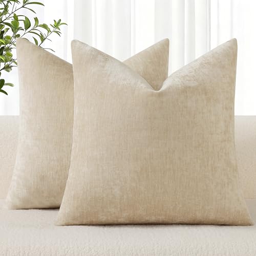 decorUhome Chenille Beige Throw Pillow Covers 20x20 Inch Set of 2 Decorative Soft Couch Pillow Covers Solid Dyed Accent Farmhouse Neutral Square Pillow Cases for Sofa - Image 1