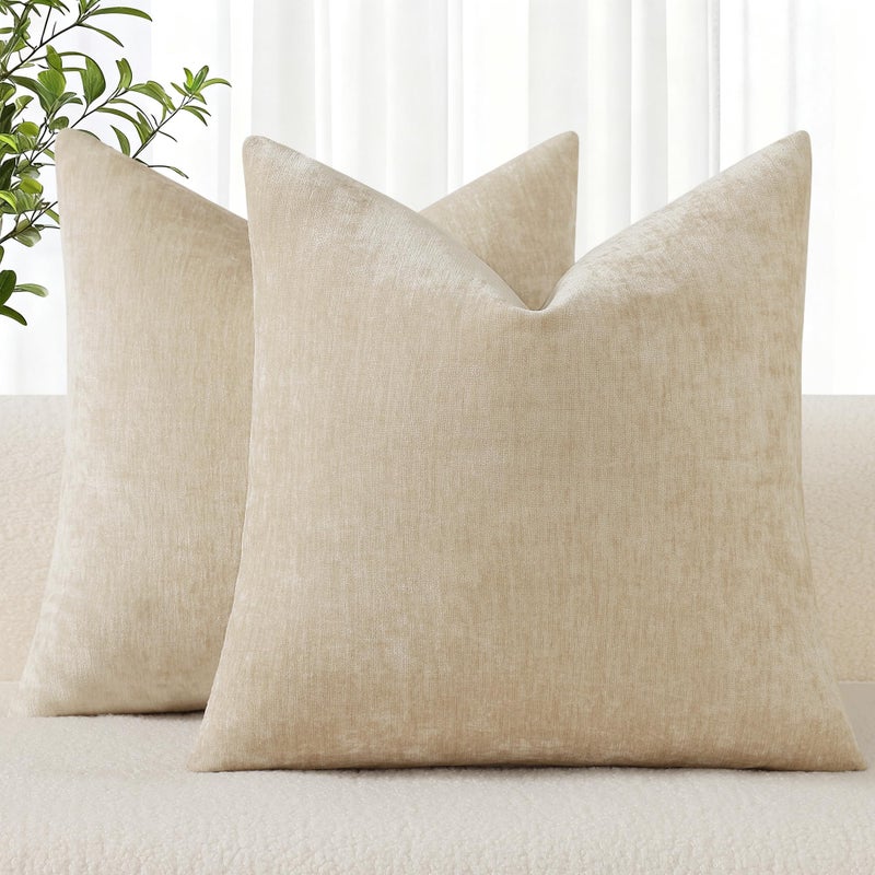 decorUhome Chenille Beige Throw Pillow Covers 20x20 Inch Set of 2 Decorative Soft Couch Pillow Covers Solid Dyed Accent Farmhouse Neutral Square Pillow Cases for Sofa - Image 2