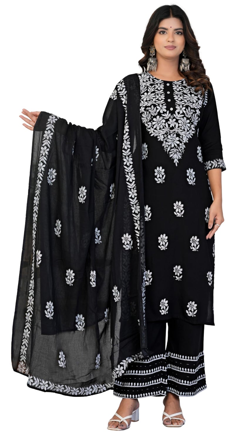 Yash Gallery Women’s Rayon Black Printed 3-Piece Kurta Set with Dupatta & Pants |Straight Fit Ethnic Wear | Floral Printed Design | Festive, Office & Casual Wear | Not Embroidered - Image 1
