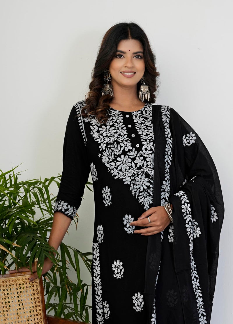 Yash Gallery Women’s Rayon Black Printed 3-Piece Kurta Set with Dupatta & Pants |Straight Fit Ethnic Wear | Floral Printed Design | Festive, Office & Casual Wear | Not Embroidered - Image 3