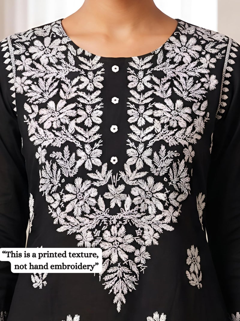 Yash Gallery Women’s Rayon Black Printed 3-Piece Kurta Set with Dupatta & Pants |Straight Fit Ethnic Wear | Floral Printed Design | Festive, Office & Casual Wear | Not Embroidered - Image 4