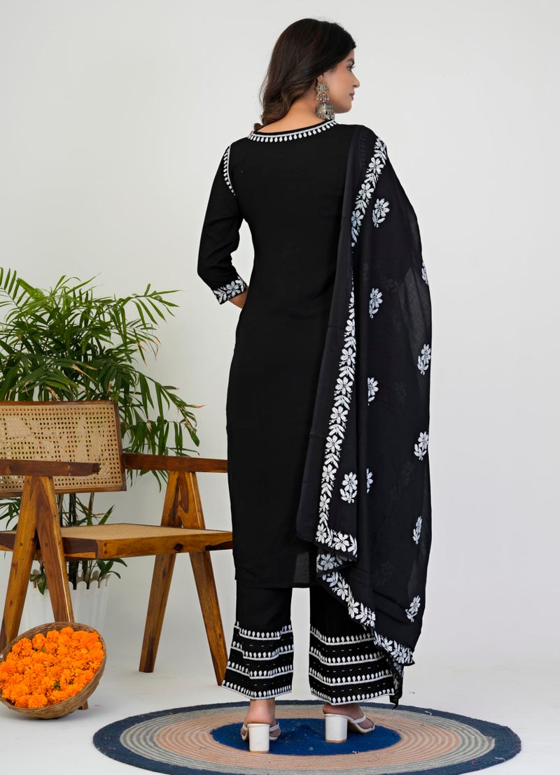 Yash Gallery Women’s Rayon Black Printed 3-Piece Kurta Set with Dupatta & Pants |Straight Fit Ethnic Wear | Floral Printed Design | Festive, Office & Casual Wear | Not Embroidered - Image 5