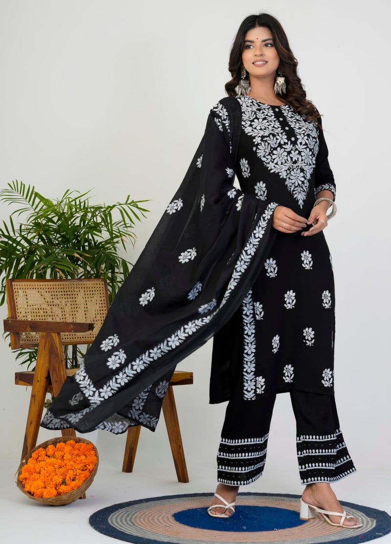 Yash Gallery Women’s Rayon Black Printed 3-Piece Kurta Set with Dupatta & Pants |Straight Fit Ethnic Wear | Floral Printed Design | Festive, Office & Casual Wear | Not Embroidered - Image 2