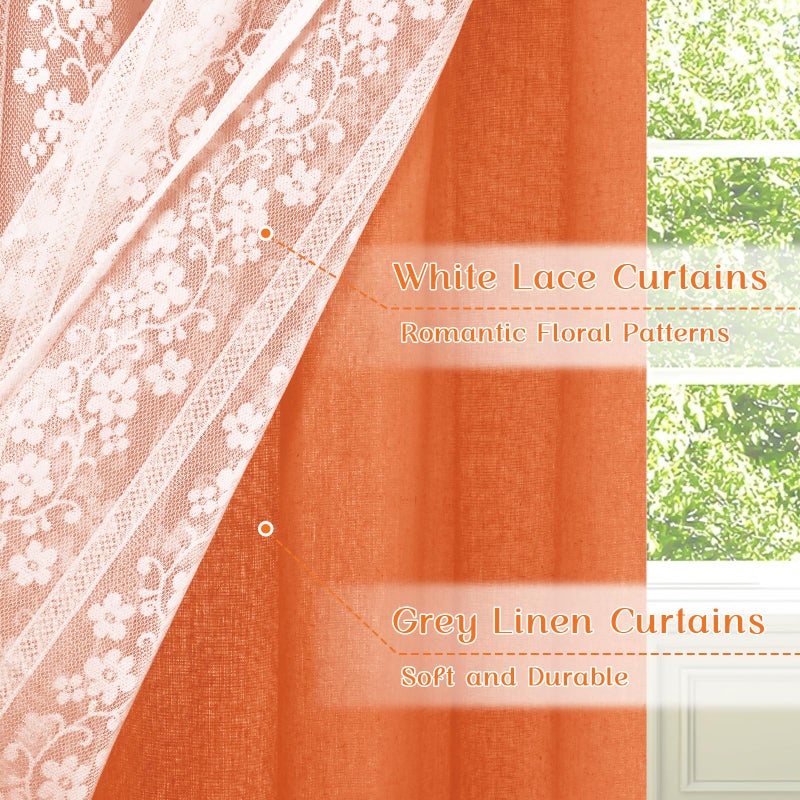 ASPMIZ Linen Kitchen Curtains Double Layers Window Curtain with Linen Lace, Farmhouse Cafe Curtain 36 Inch Length Rod Pocket, Light Filtering Bathroom Tier Curtains with 2 Tiebacks, Orange - Image 2