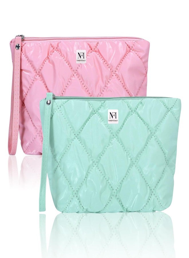 NFI essentials Pack of 2 Multipurpose Quilted Cosmetic Pouch, Checkered Puffy Makeup Pouch for Women, Zipper Travel Bag, Portable Toiletry Organizer Bag with Handle - Image 1