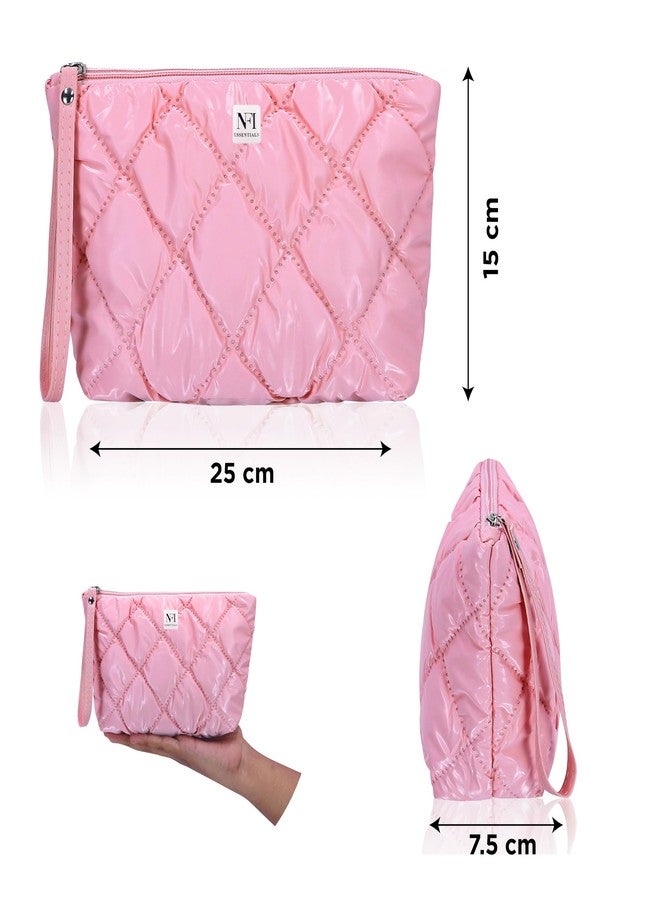 NFI essentials Pack of 2 Multipurpose Quilted Cosmetic Pouch, Checkered Puffy Makeup Pouch for Women, Zipper Travel Bag, Portable Toiletry Organizer Bag with Handle - Image 4