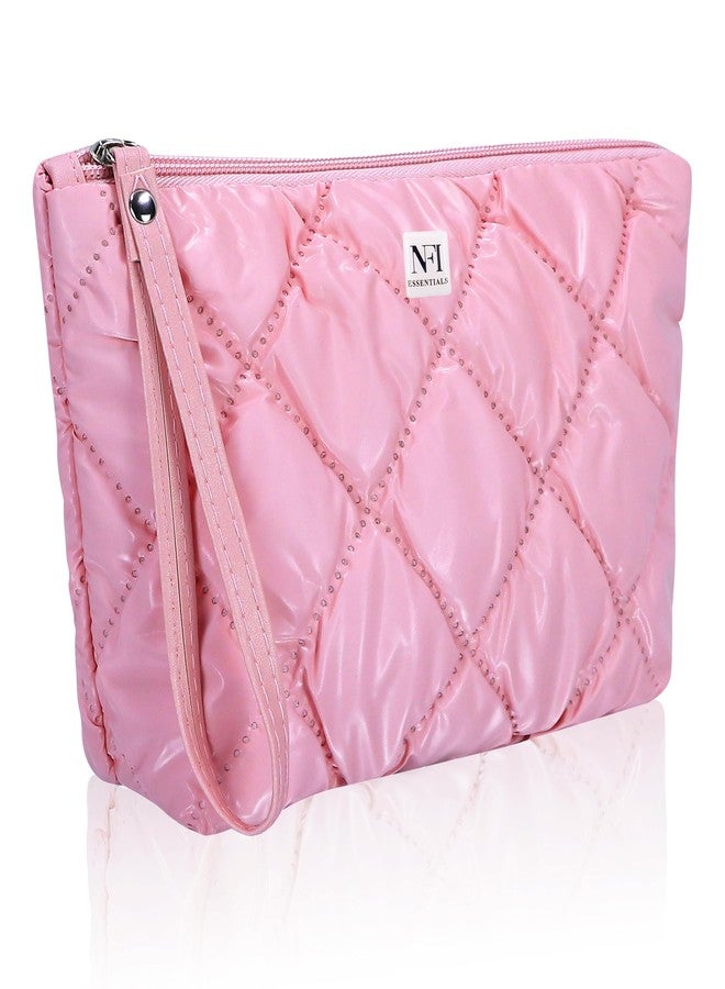 NFI essentials Pack of 2 Multipurpose Quilted Cosmetic Pouch, Checkered Puffy Makeup Pouch for Women, Zipper Travel Bag, Portable Toiletry Organizer Bag with Handle - Image 2