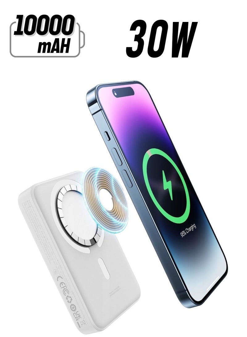 Baseus 10000 mAh Magnetic Mini Wireless Portable Magsafe Power Bank, PD 30W Fast Charger With USB-C Cable For iPhone 15/15 Plus/ 15 Pro/ 15 Pro Max All iPhone Series And Any Many More White - Image 1