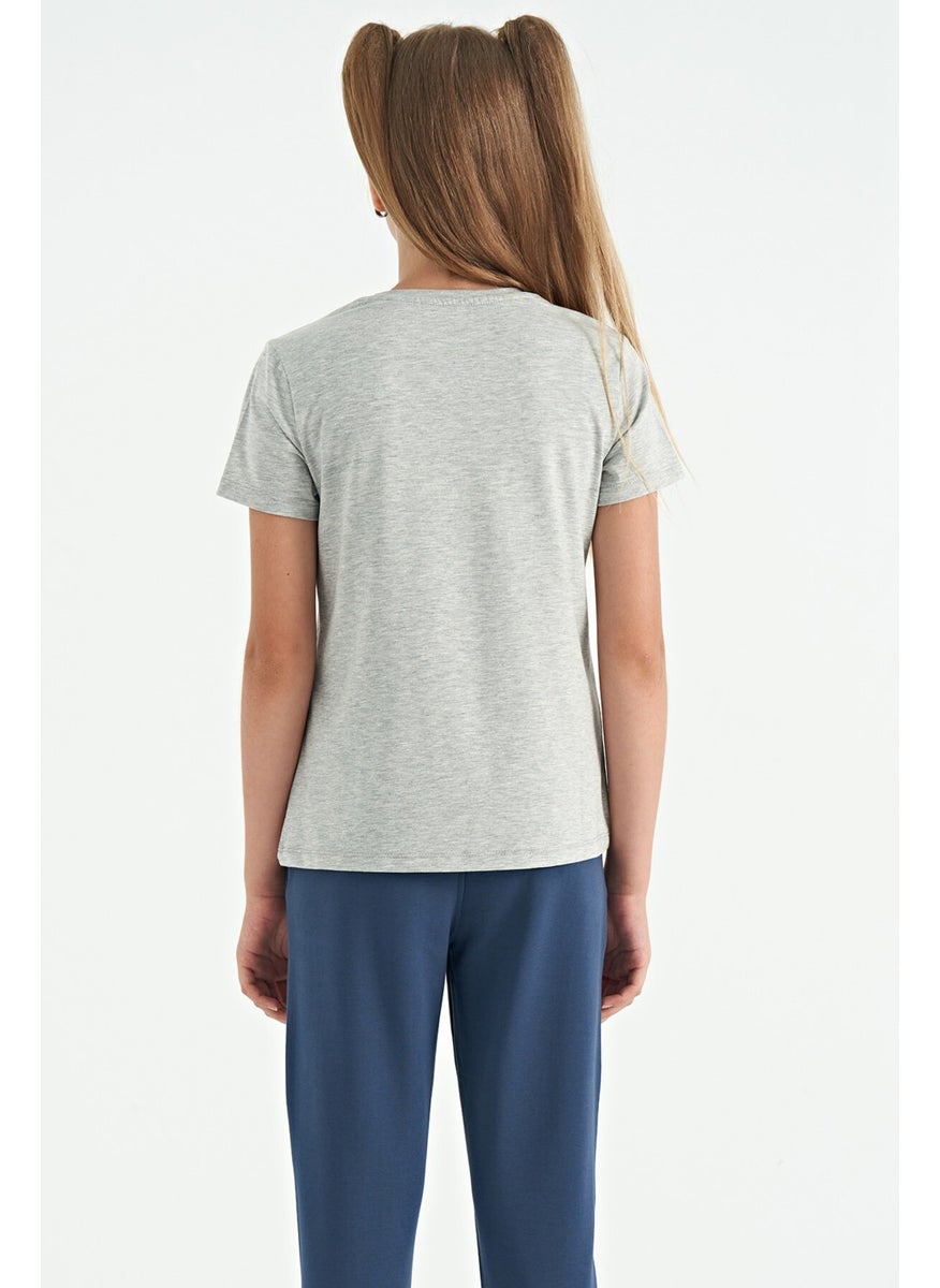 Tommy Life - Gray Melange O Neck Print Detailed Comfortable Fit Girls T-Shirt - 75129 - Image 1