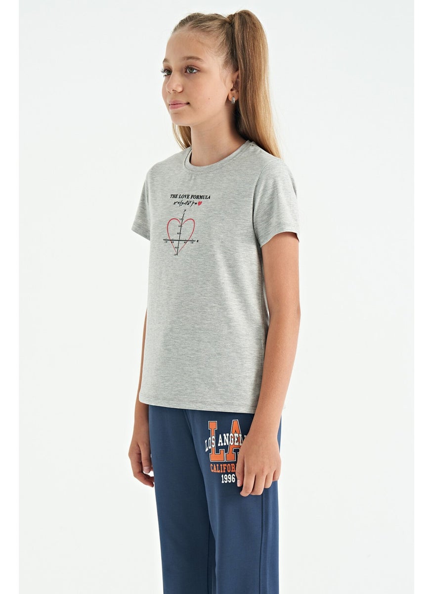 Tommy Life - Gray Melange O Neck Print Detailed Comfortable Fit Girls T-Shirt - 75129 - Image 1