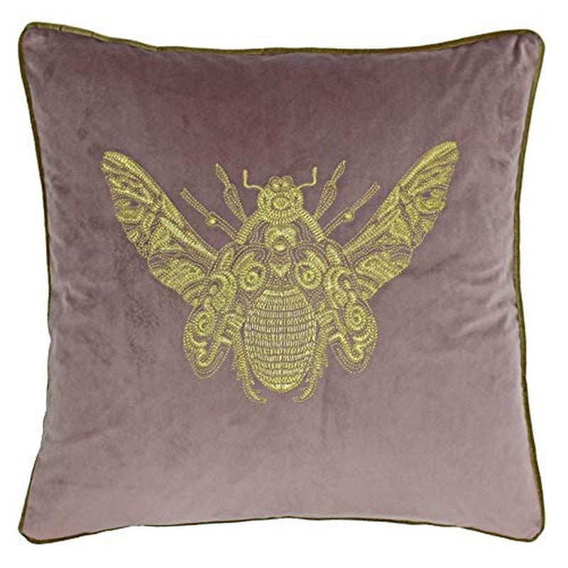Riva Paoletti Cerana Cushion Cover  Dusky Blush Pink  Super Soft Velvet Fabric  Embroidered Gold Bee Design  Gold Piped Edges  100 Polyester  50 x 50cm 20 x 20 inches