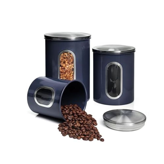 Mixpresso 3-Piece Blue Canisters Sets For The Kitchen, Airtight Canister Set With See Through Window, Storage Jars for Coffee Container, Tea Organizer & Sugar Canister, Blue Kitchen Canisters