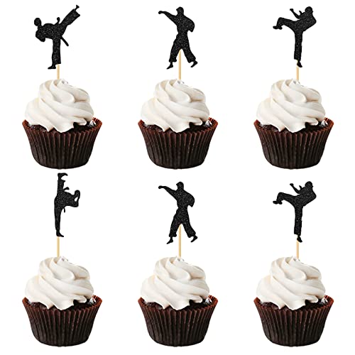 Helewilk 24pcs Karate Taekwondo Cupcake Toppers Kung Fu Theme Baby Shower Party Supplies Boxing Sport Theme Cupcake Decor Man Kids Birthday Party Decoration Black Glitter - Image 1