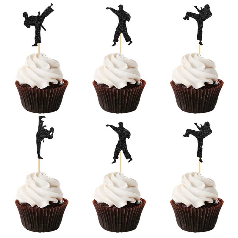 Helewilk 24pcs Karate Taekwondo Cupcake Toppers Kung Fu Theme Baby Shower Party Supplies Boxing Sport Theme Cupcake Decor Man Kids Birthday Party Decoration Black Glitter - Image 2