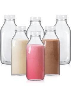 FUFU Glass Milk Bottle With Plastic Tamper-Proof Caps (6 Pack) Vintage Reusable Dairy Drinking Containers, Glass Bottles For Milk, Juice, Yogurt, Smoothies, Honey, Tomato Sauce, Jam, Syrup (300Ml)  - Image 1