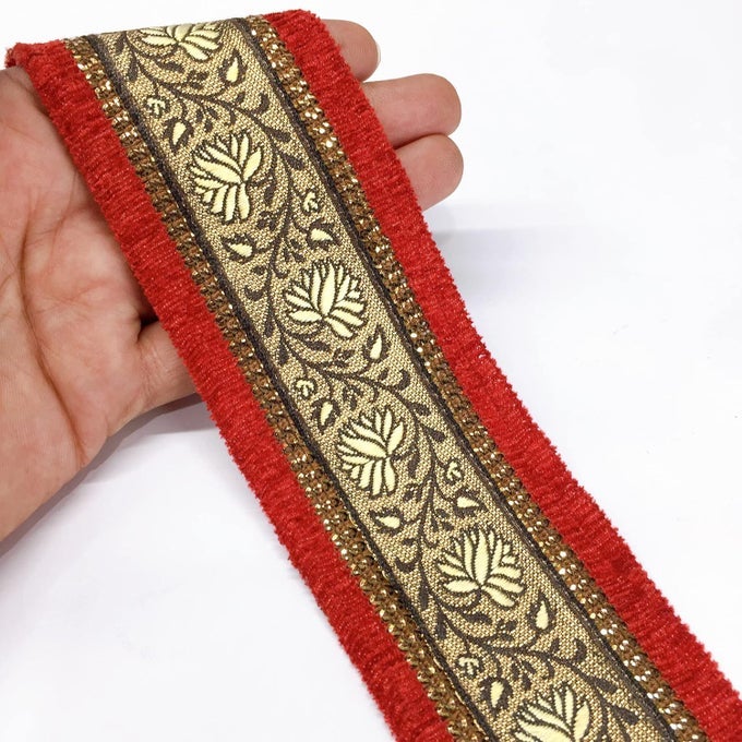 9 METE RED & CREAM BORDER FLOWER DESIGN WEAVING WORK LACE WITH SEQUINS WORK, BANARASI SAREE LACE BORDER TRIM RIBBONS, BRIDAL LEHENGA SAREE DUPATTA SUIT ANARKALI INDIAN FASHION ACCESSORIES
