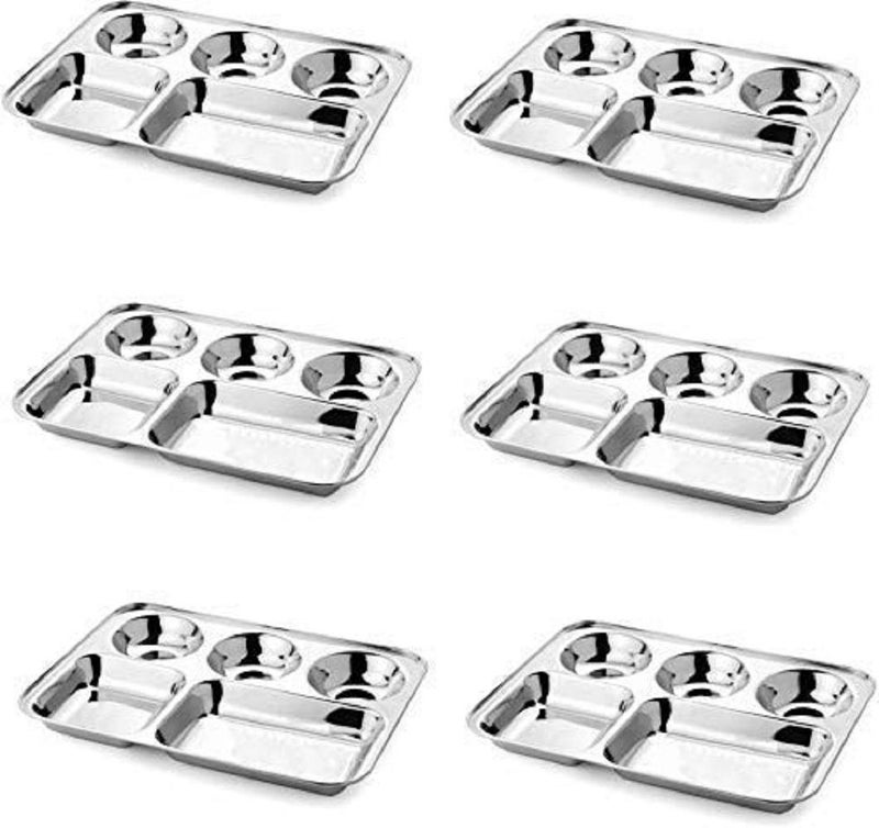 Nirvika Steel Plates Set of 6 Dinner PlateLunch PlateBhojan Thali 5 in 1 with Round Extra Deep Compartments Pav Bhaji Plates Kitchen Accessories ItemsStainless Steel - Image 1
